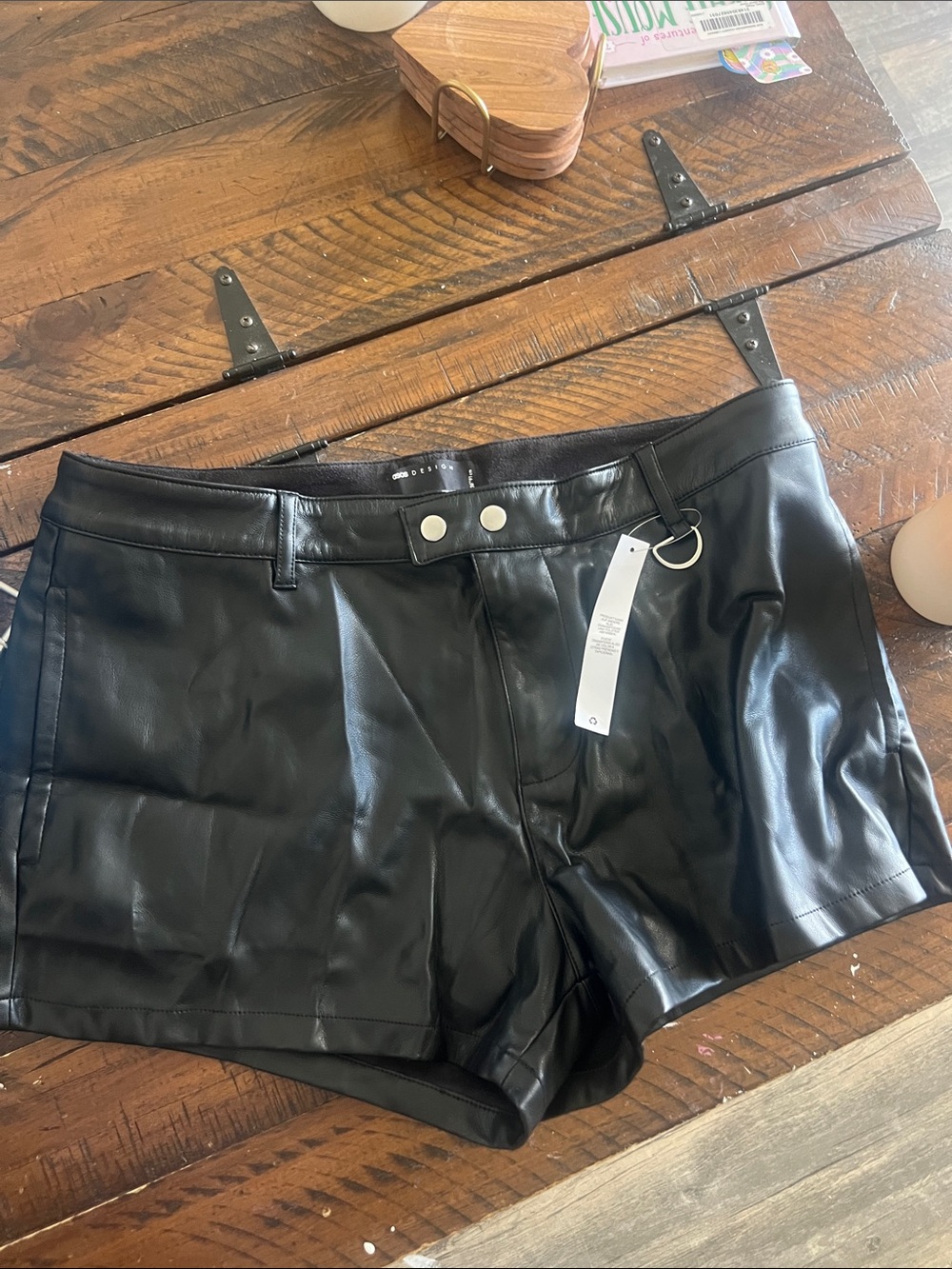 ASOS Black Faux Leather High-Waist Shorts with D-Ring